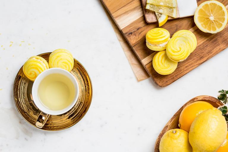 Lemon Macarons with a cup of chamomile tea